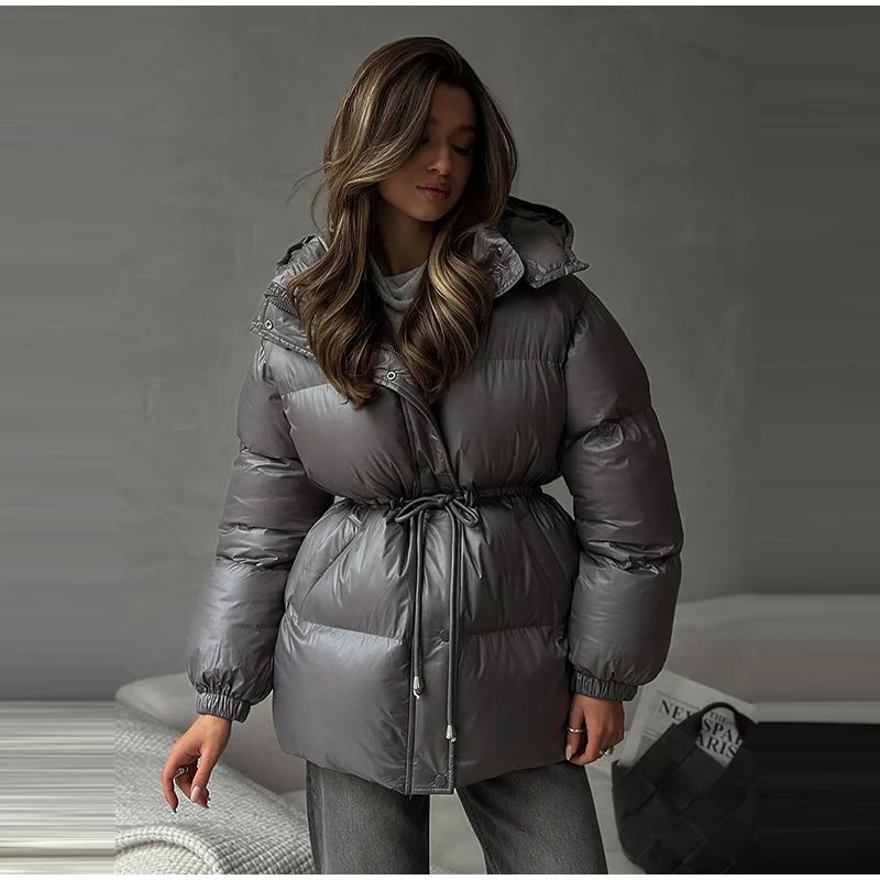 Glossy Shiny Women 's Down Jackets Vintage Hooded Zipper Puffer Full Sleeve Jackets For Woman 2025 Woman Winter Coats Outwears
