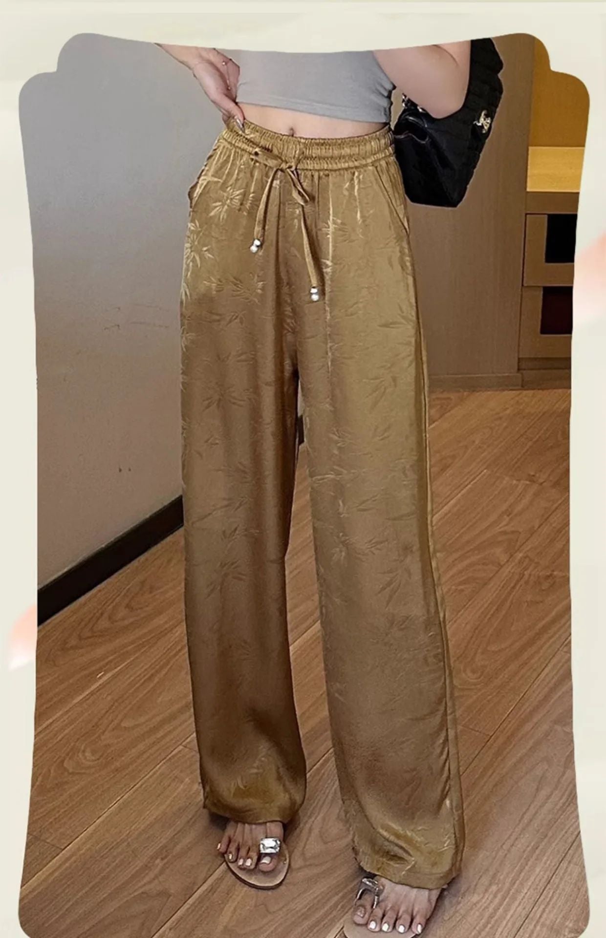 Plus Size Acetate Wide Leg Pants Women's Spring Autumn National Style Print High Waist Slimming Drapey Cool Large Size Women'...