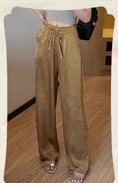 Plus Size Acetate Wide Leg Pants Women's Spring Autumn National Style Print High Waist Slimming Drapey Cool Large Size Women'...