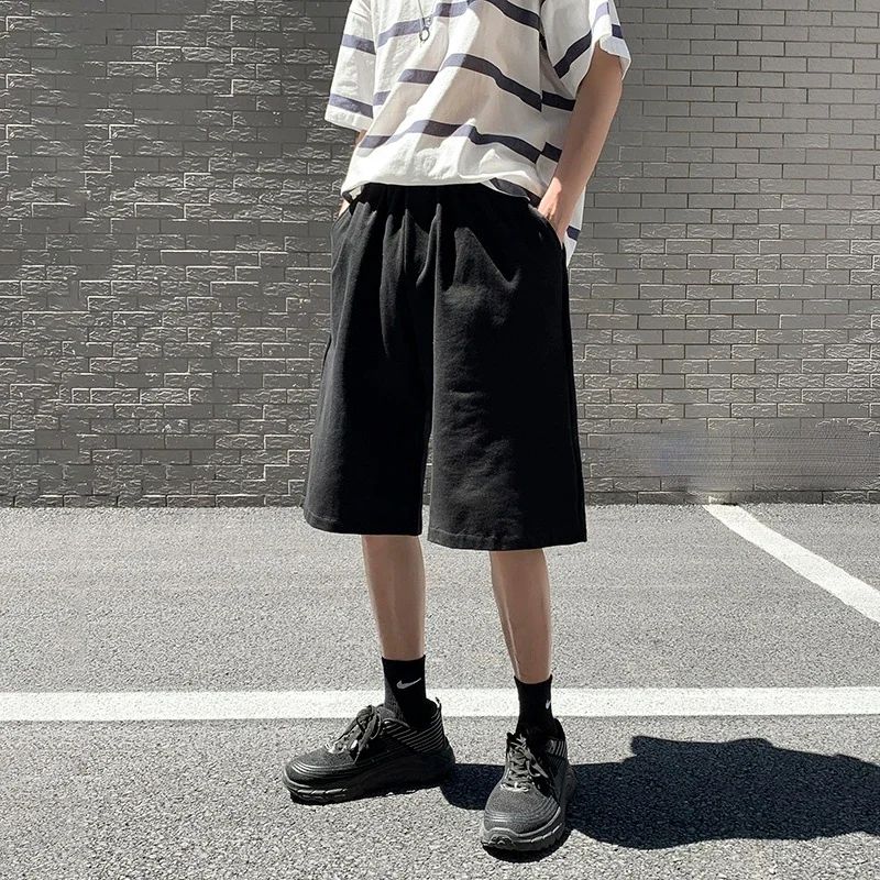 Summer New Y2K Solid Color Cotton Loose Men's Sports Pants Shorts Street Wear Simple Drawstring Straight Casual Shorts Male