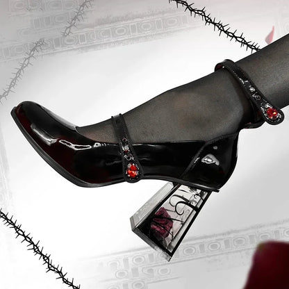 Sapatos Femininos de Salto Alto Punk Gótico Scarpin 2024 Novos Sapatos Femininos de Couro Sintético com Salto Rosa Sapatos Pretos Mary Jane com Tiras no Tornozelo