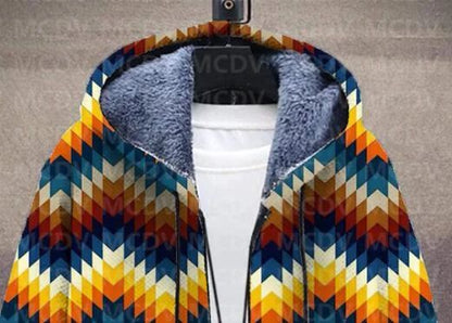 Men's Retro Print Plush Thick Long-Sleeved Coat Cardigan 3D All Over Prined Fleece Hooded Overcoat Unisex Thick Warm Jacket