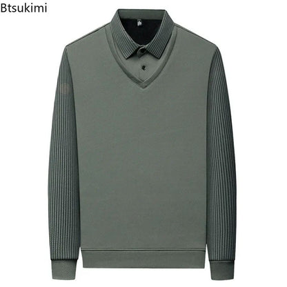 Fashion Fake Two-piece Men Long Sleeve Shirt Stripe Splice Lapel Loose Casual Pullover Tops 2025 Male Formal Business Polo Shirt