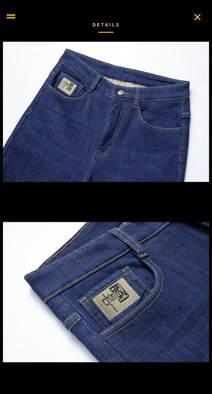 2025 New Classic  Men's Business Casual Velvet Jeans Winter Chinese Embroidery Straight Loose Warm Thick Pants