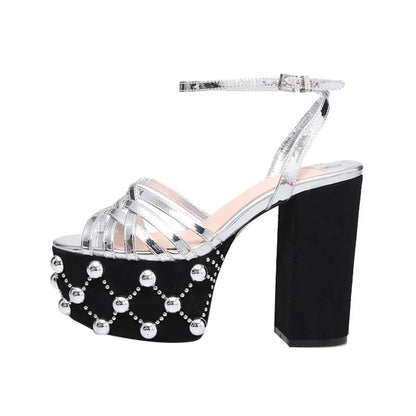 Luxury Brand Women's Summer Fashion Metal Platform Sandals Large 34-42 Super High Heel Thick Bottom Rivet Party Women's Shoes