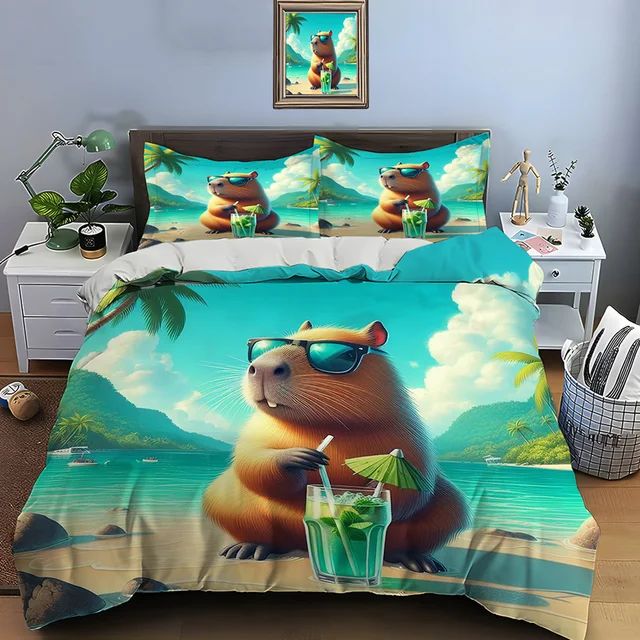 Cute Cartoon Capybara Print Bedding Set Duvet Cover 1 Duvet Cover 2 Pillowcases Adult and Children Bedding Set Christmas Gifts