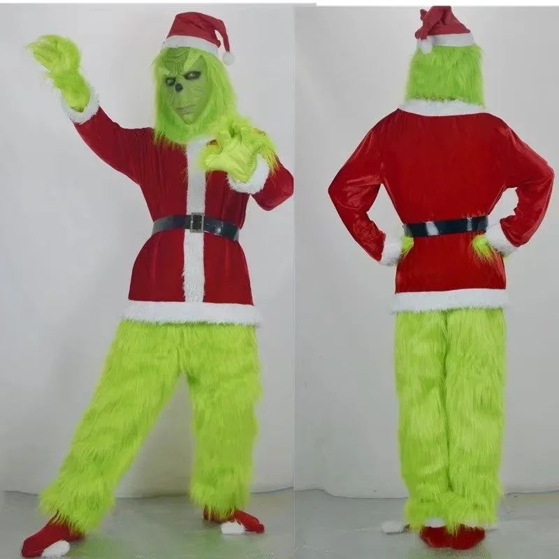 2024 New Christmas Costume Cosplay Clothes Dress Up Santa Claus Weird Green Haired Monster Grinch Party Performance Costume