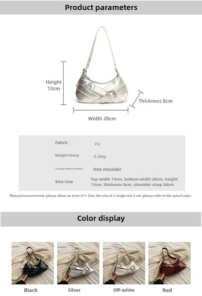 Red Vintage Shoulder Bag Y2K Belt Design PU Leather Underarm Bags for Women Trend Hot Cool Girl Crossbody Bag Punk Style Handbag
