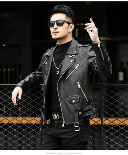 Spring Autumn Short Cool Black Leather Biker Jacket Men Zipper Long Sleeve Belt Plus Size European Fashion brand leather jackets