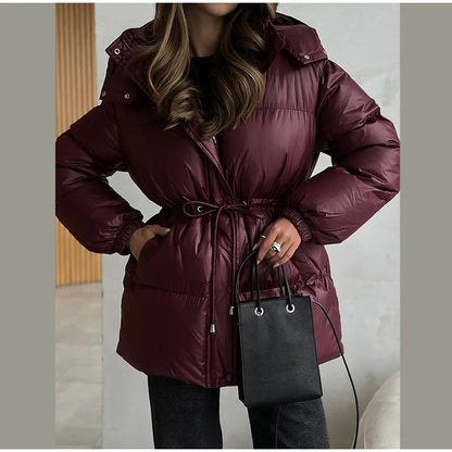 Glossy Shiny Women 's Down Jackets Vintage Hooded Zipper Puffer Full Sleeve Jackets For Woman 2025 Woman Winter Coats Outwears