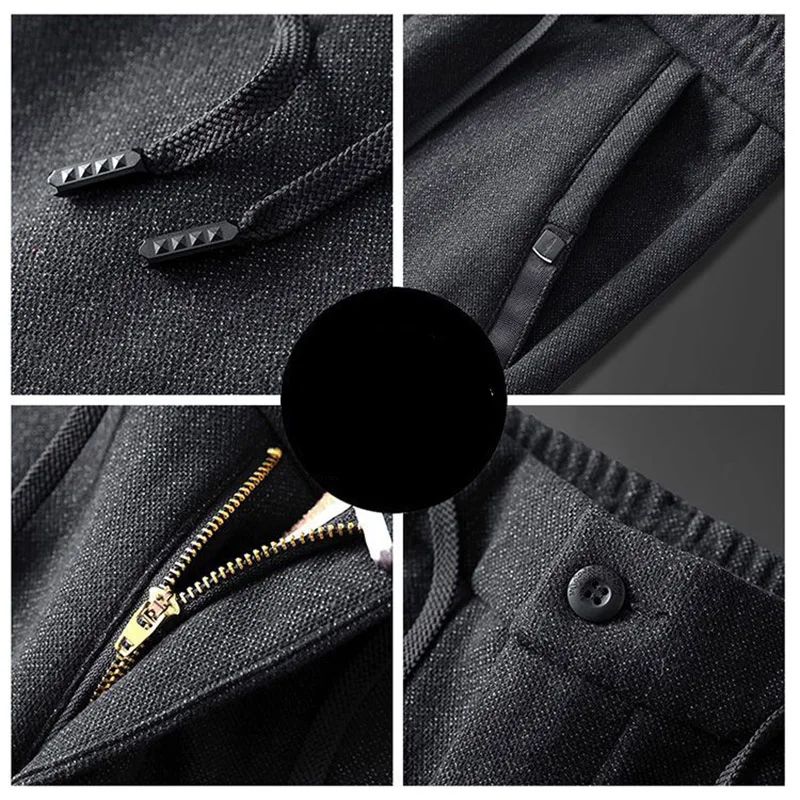 Autumn Winter Men Thermal Office Pants Straight Narrow Leg Classic Casual Pants Drawstring Tie Up Design Thicken Fleece Trousers