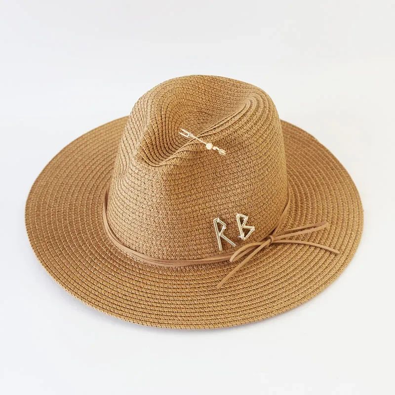 Chapéu de Sol de Verão Grande Proteção Solar Chapéus Femininos de Praia de Palha da Moda Chapéu Panamá de Grama de Luxo Feminino 60cm para Cabeça Grande