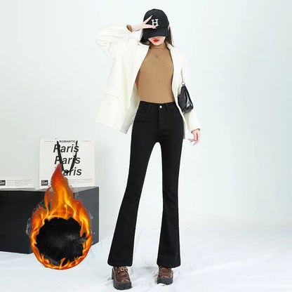 Winter Female Thin Snow Warm Plush Jeans Lady Chic Fleece Flared Pants Girls Korean High Waist Straight Leg Denim Trousers