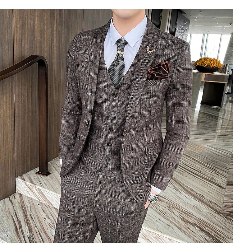 Dark Blue Men's Suit Three Piece, Business Casual Jacket and Vest with Trousers, Gray Dark Brown Slim Fit Sets, Asian Size