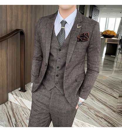 Dark Blue Men's Suit Three Piece, Business Casual Jacket and Vest with Trousers, Gray Dark Brown Slim Fit Sets, Asian Size