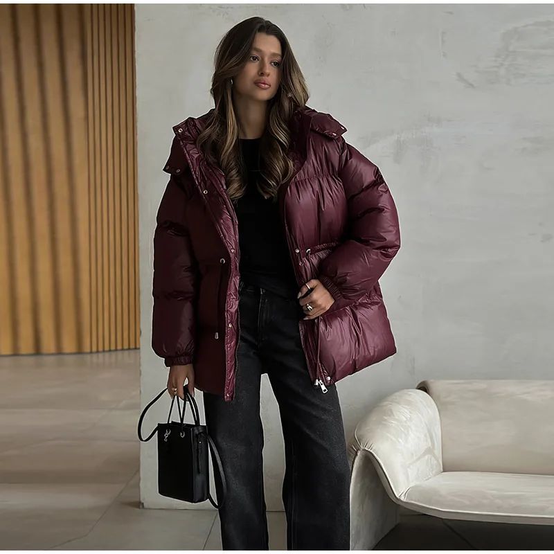 Glossy Shiny Women 's Down Jackets Vintage Hooded Zipper Puffer Full Sleeve Jackets For Woman 2025 Woman Winter Coats Outwears