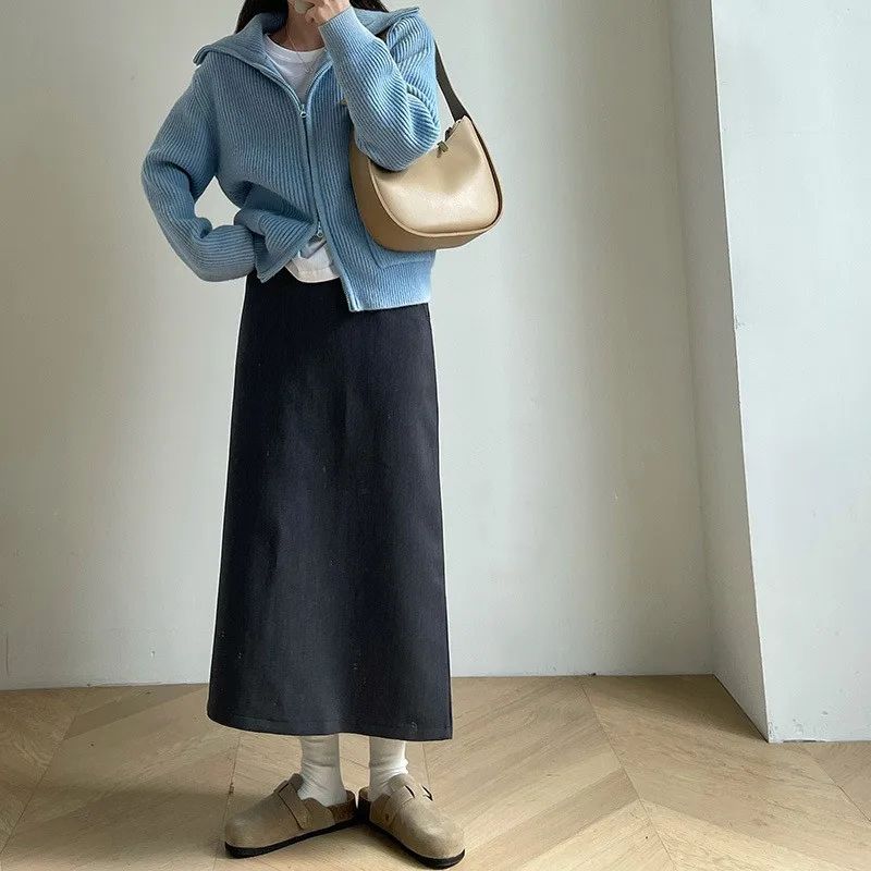 Sweater Coat Skirts 2024 Autumn and Winter New Gray Back Slit Suit Skirt Skirt