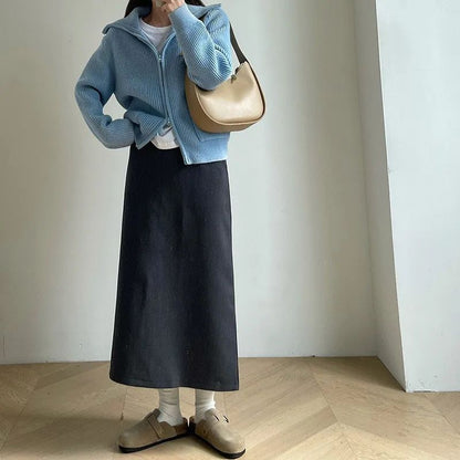 Sweater Coat Skirts 2024 Autumn and Winter New Gray Back Slit Suit Skirt Skirt