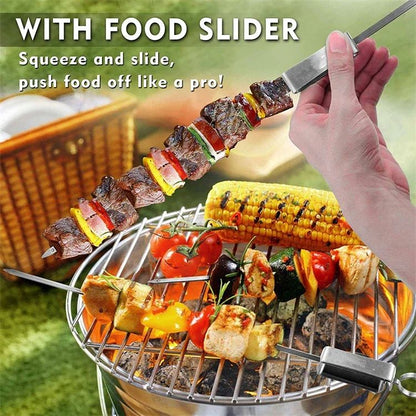 Stainless Steel BBQ Skewers – Flat Metal Kebob Sticks for Grilling Meat Vegetables, with Quick Release Metal Sliding Handle