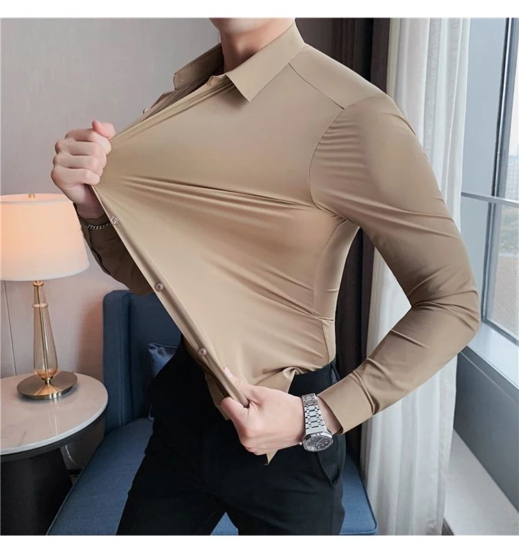 Men's Long Sleeved Elastic Shirt No Ironing Business Wear Professional Workwear Stand Up Collar Shirt Casual Solid Color Shirt