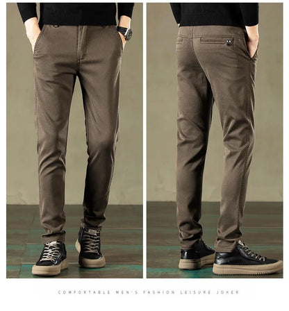 2024 Primavera Novas Calças Casuais Masculinas Marca de Roupas Negócios Cintura Elástica Grossa Clássica Slim Calça Masculina Preto Cinza Marrom