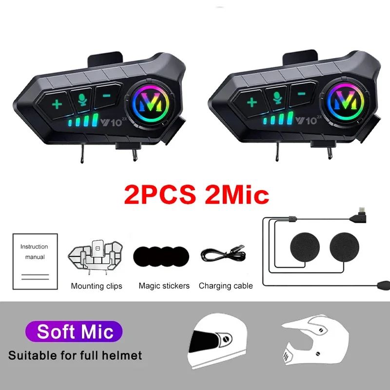 1/2 Peças Y10 Intercomunicador Bluetooth para Capacete de Moto 2x 300M Sem Fio Intercomunicador 2000Mah Walkie Talkie para Moto com Microfone Rígido e Flexível