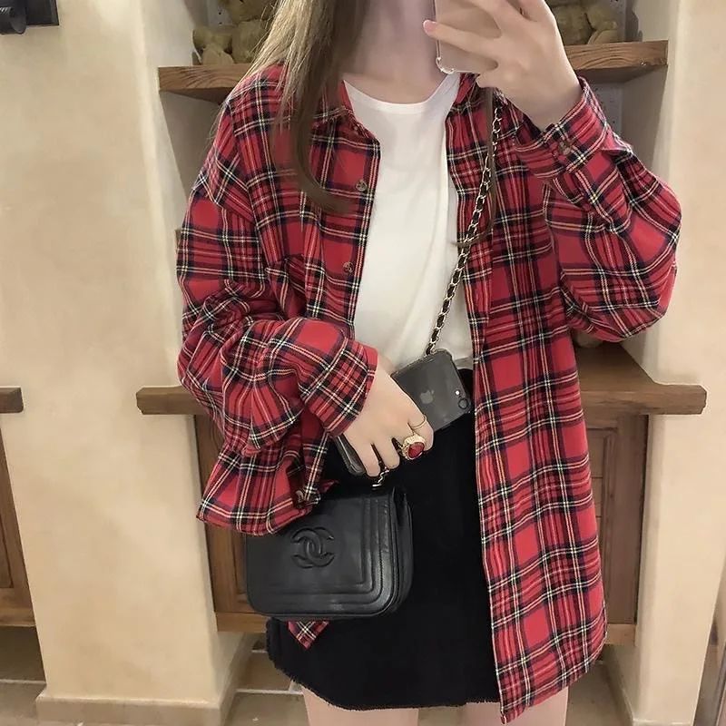 Scottish Red Plaid Shirt Luxury Hong Kong Style Vintage Loose Fit Women's Button up Shirt Polo Collar Full Sleeve Slim Fit