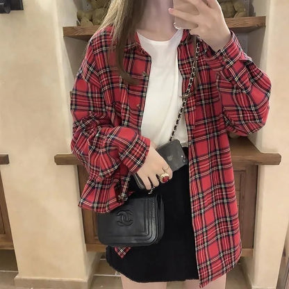 Scottish Red Plaid Shirt Luxury Hong Kong Style Vintage Loose Fit Women's Button up Shirt Polo Collar Full Sleeve Slim Fit