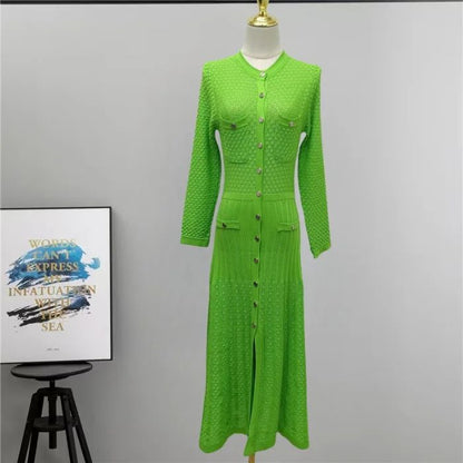 Hollow out Long Knitted Summer Dress round Neck Seven Sleeve Bodycon Skirt Slimming Effect Empire Waist Maxi Dress
