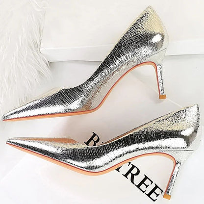 Spring Autumn New Women 7cm High Heels Fashion Retro Holiday Party Pumps Lady Gold Silver Daily Office Pointed Toe Low Heels