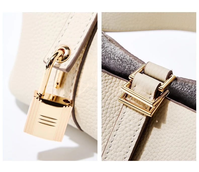 Genuine Leather Shoulder Bucket Bag Women Litchi Pattern Mini Basket Tote Soft Handbag Mommy Bride Wedding Bags with Lock