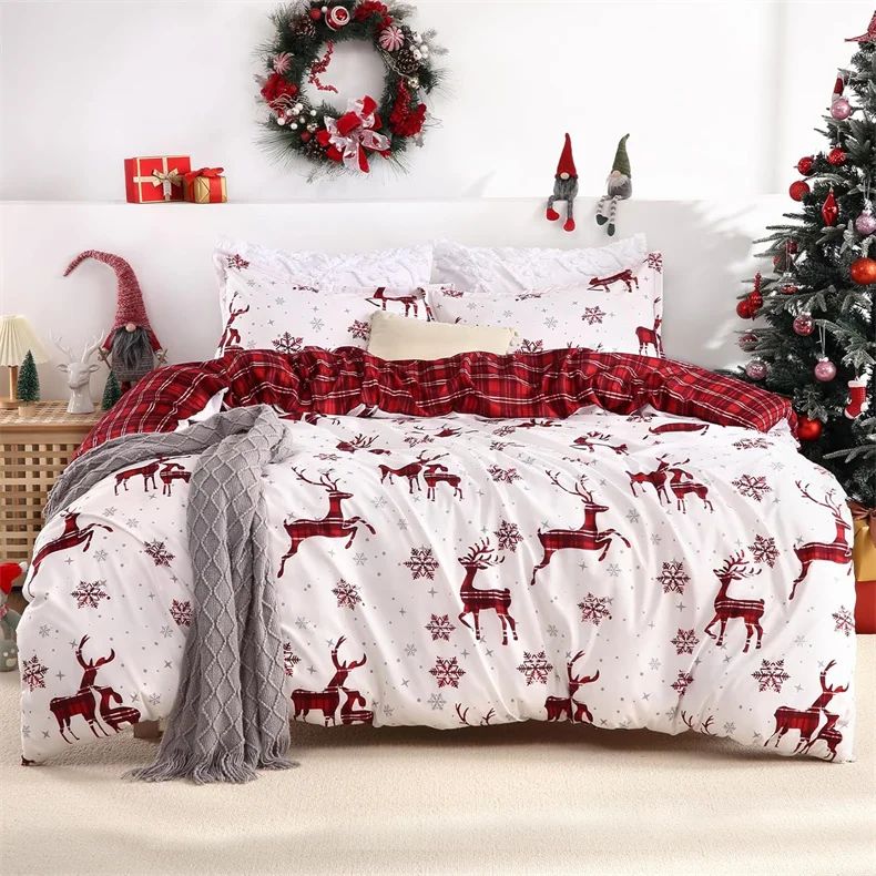Merry Christmas Duvet Cover Christmas Elk Snowflakes Red Bedding Set Happy New Year Quilt Cover Holiday Gifts Bedroom Decoration