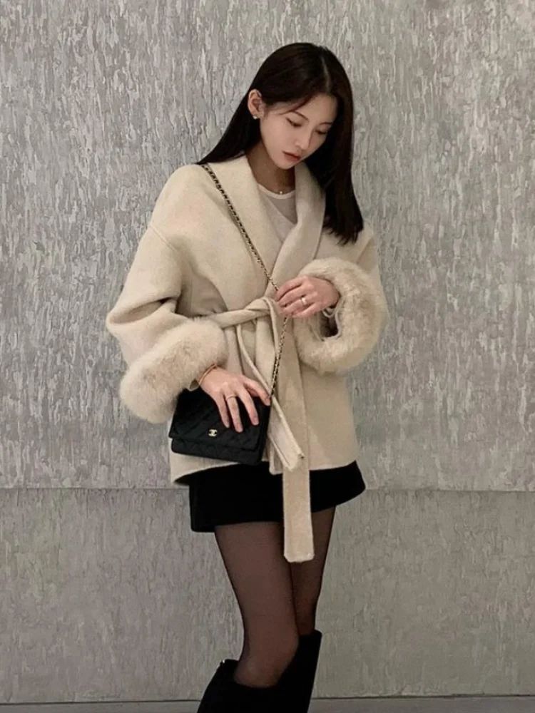 Elegant Lace Up Woolen Overcoat Women Casual Lapel V-neck Full Sleeve Loose Warm Outerwears Lady New Autumn Commute Street Coat