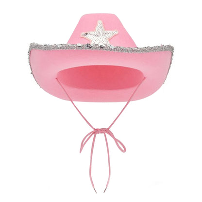Pink Cowgirl Hat with Sparkling Sequins Trim for Halloween Dress Up Cosplay Party Supplies Costume Accessories