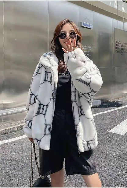 Ladies Thickened Cotton Lamb Fur Jacket Korean Style Winter Outerwear Loose Versatile Trendy Coat Warm Comfortable Soft Material