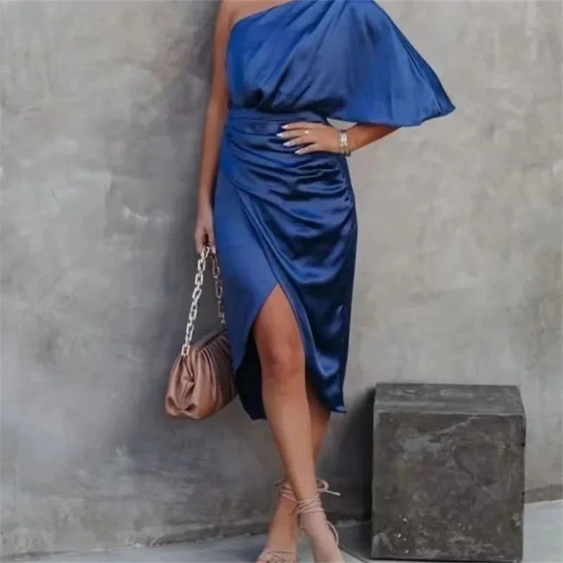 Elegant High-end Feel Women's Evening Dress Solid Color Irregular Midwaist Cross