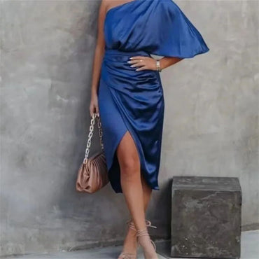 Elegant High-end Feel Women's Evening Dress Solid Color Irregular Midwaist Cross