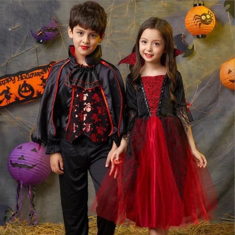Kids Girls Cosplay Gothic Dark Ghost Bride Witch Vampire Halloween Costume Red Black Tutu Dress Wig Veil Kits Trick or Treat
