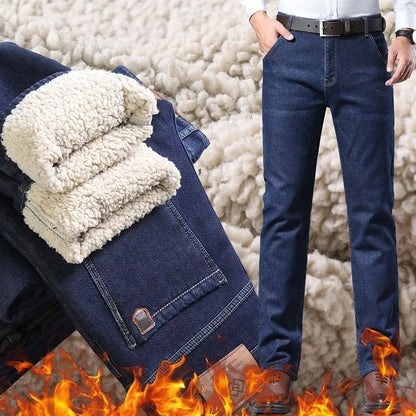 Calça Jeans Masculina de Inverno Forrada de Lã Grossa Sherpa Casual de Negócios Veludo Reta Masculina de Lã Pelúcia Clássica Elástica