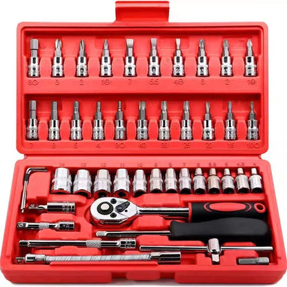 Kit de Ferramentas de Reparo Automotivo 46 Peças, Caixa de Ferramentas de Chave Catraca Combinada, Jogo de Ferramentas para Manutenção Automotiva e Reparo de Soquetes Veiculares