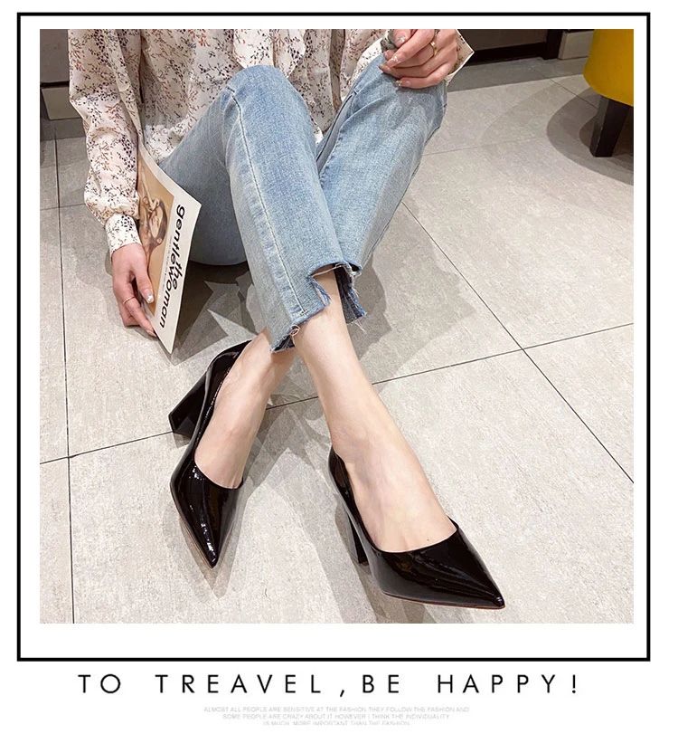 Women Shoes Patent Leather Slip-On Chunky Heels High Heels Women Temperament Pointed Toe Shallow Sexy Wedding Shoes Pumps