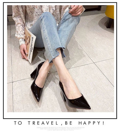 Women Shoes Patent Leather Slip-On Chunky Heels High Heels Women Temperament Pointed Toe Shallow Sexy Wedding Shoes Pumps