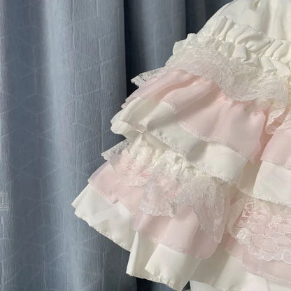 Pink Lace Puffy Skirt Women's Sweet High Waist A- Line Mini Skirt Ballet Style Short Skirt Anti-Light Walking Slimming Effect