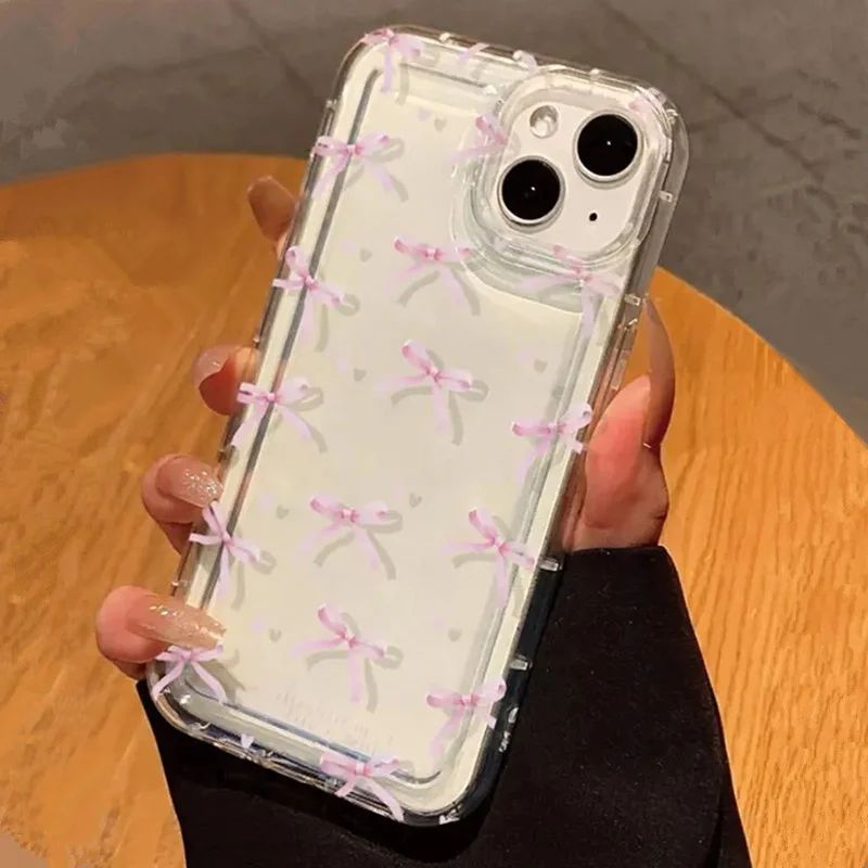 Capa de Celular com Laço de Coração Rosa Fofo para IPhone 17 16 15 14 13 12 11 Pro Max 13 12 Mini 17Air 16e Capas Antichoque Macias Transparentes Coque