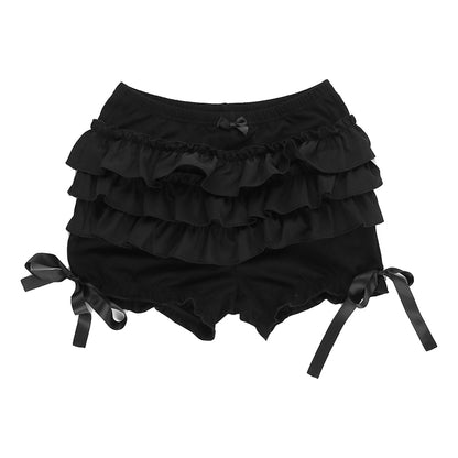 Puloru Gothic Black Bloomer Shorts Women's Summer Elastic Waist Ruffle Layered Shorts Harajuku Streetwear High Waist Bottoms