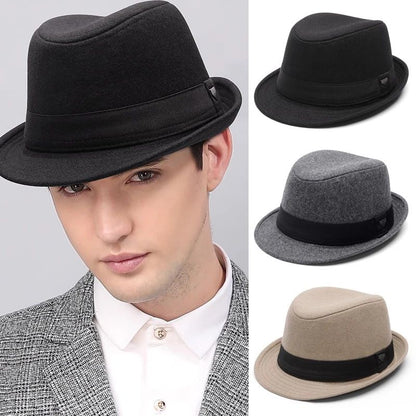 New Fashion Casual Topper for Men British Fashion Black Jazz Hat Wool Versatile Middle-aged Elderly Hat Elegent Trend Fedoras