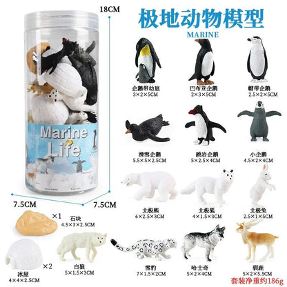 Mini Modelo Animal Fazenda de Vida Selvagem Aves Dinossauro Oceano Conjunto Animais da Planície Crocodilo Pinguim Insetos Brinquedos Micro Modelo Balde