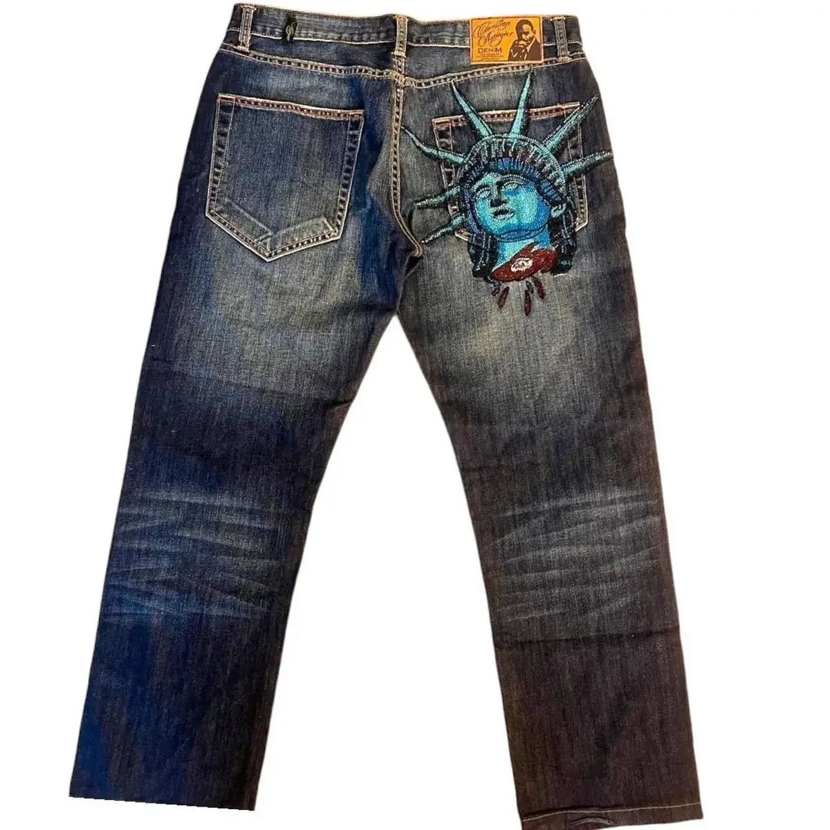 American Vintage 2000s Diamonds Jeans Y2k Statue of liberty Casual Denim Pants Low Waist Straight Wide Leg Jeans Women Clothing