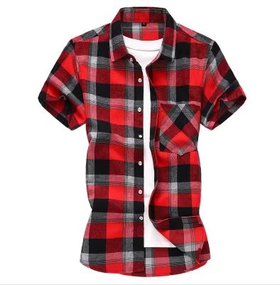 2025 new red summer men's shirts short-sleeved plaid fat big yards youth casual shirt.