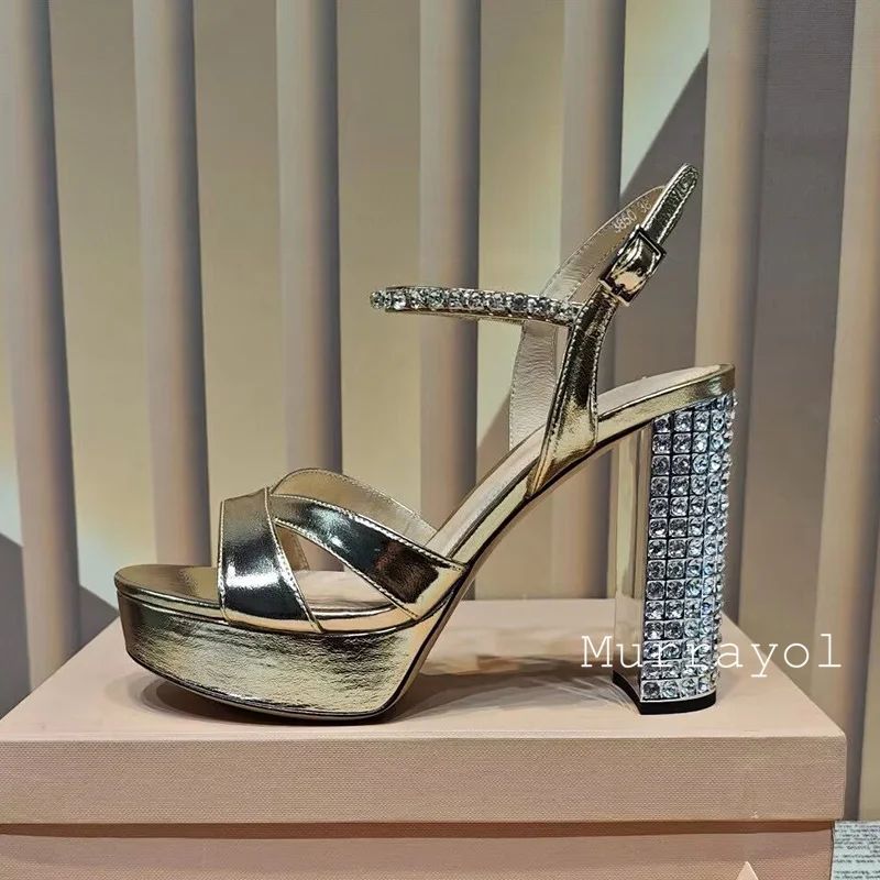 Women Open Toe Rhinestone High Heels Sandals Satin Waterproof Platform Sandalias Summer Party Dress Shoes Pumps Wedding Shoes